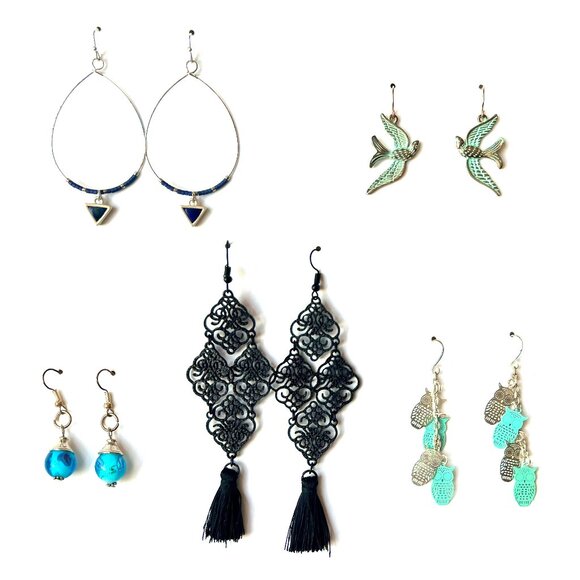 Lot of 5 pair of earrings, blue turquoise silver gold black - Picture 1 of 11